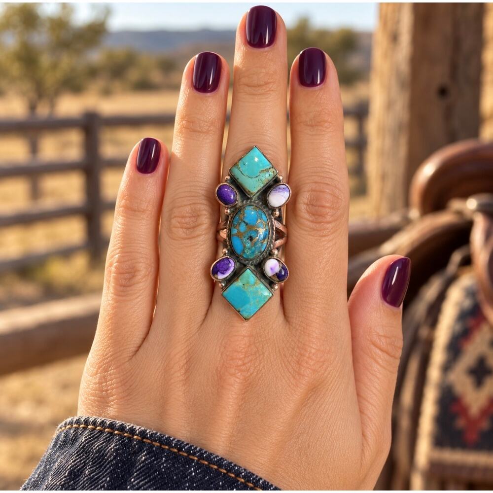 Kingman Turquoise & Purple Spiny Oyster Copper Crawler Ring – Adjustable 7–10